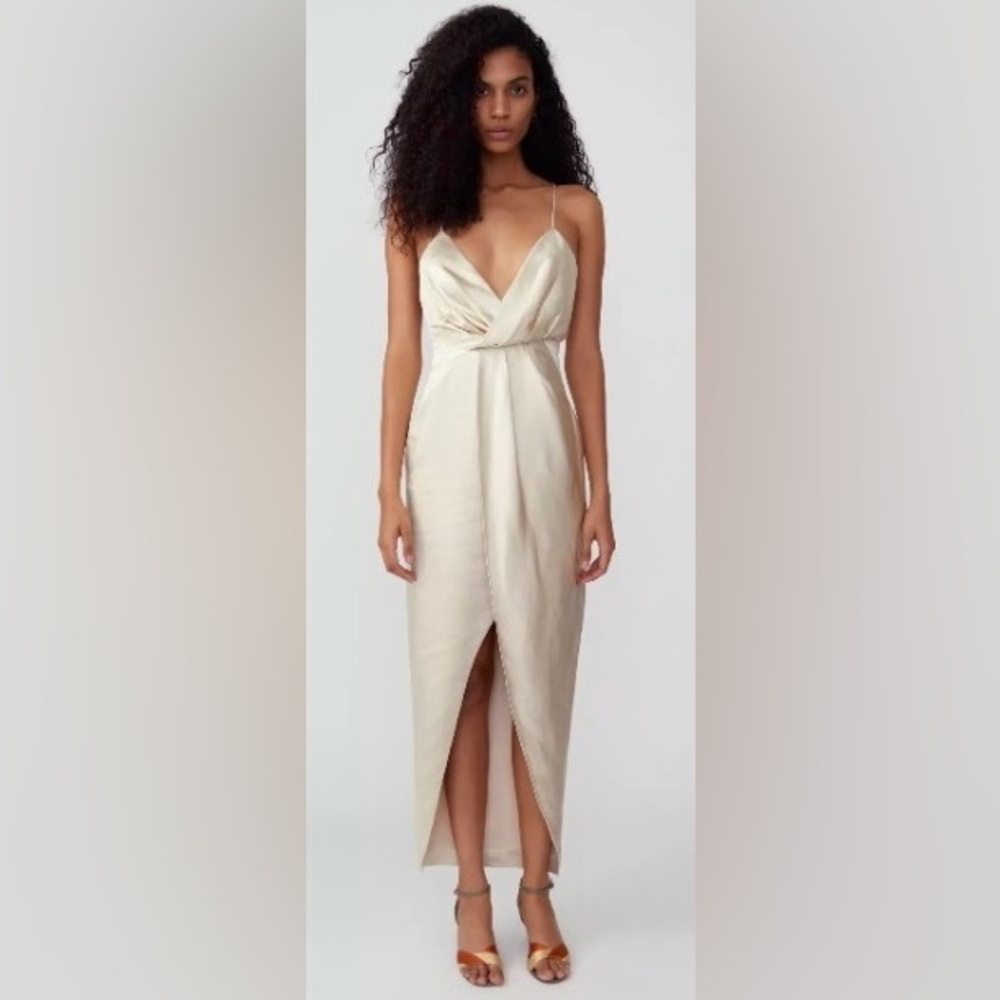 Fame and Partners Asymmetrical Drape Dress- Satin Champagne- US 2